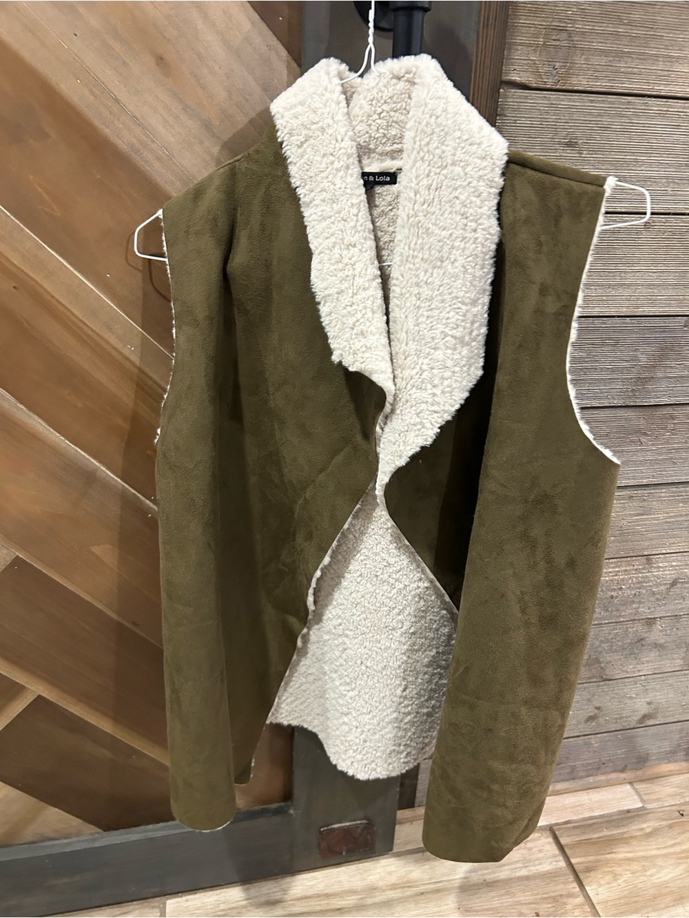 Women's Olive Faux-Suede Vest with Cream Sherpa Lining